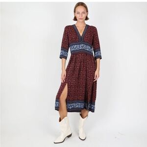 Sea Burgundy and Blue Silk Floral Dress